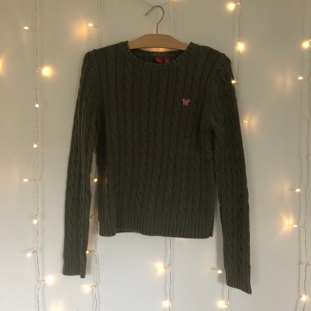 Green Esprit knit top with pink butterfly